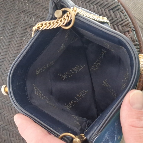 Vtg Ruth E.Saltz navy & gold Crossbody Leather Bag - Picture 7 of 11